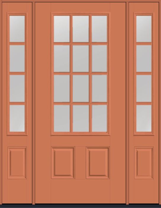 80" Low-E Colonial 12 Lite SDL Smooth 3/4 Lite 2 Panel Fiberglass Single Door, Sidelites