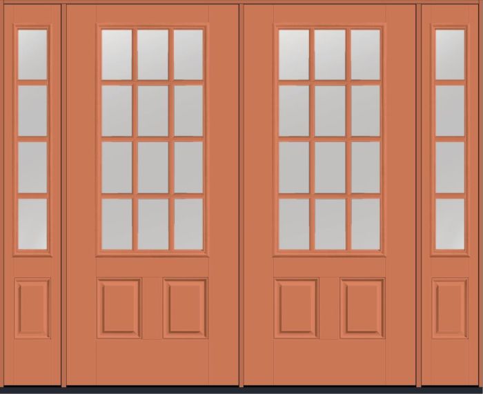 80" Low-E Colonial 12 Lite SDL Smooth 3/4 Lite 2 Panel Fiberglass Double Door, Sidelites