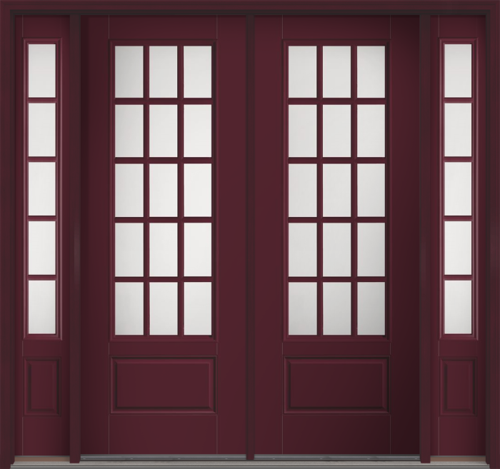 96" Satin Etch Colonial 15 Lite SDL Smooth 3/4 Lite 1 Panel Fiberglass Double Door, Sidelites