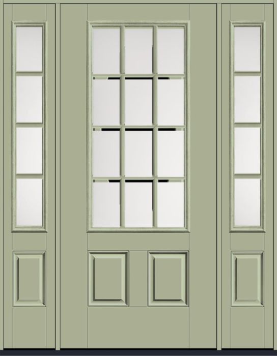80" Satin Etch Colonial 12 Lite SDL Smooth 3/4 Lite 2 Panel Fiberglass Single Door, Sidelites
