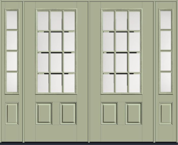 80" Satin Etch Colonial 12 Lite SDL Smooth 3/4 Lite 2 Panel Fiberglass Double Door, Sidelites