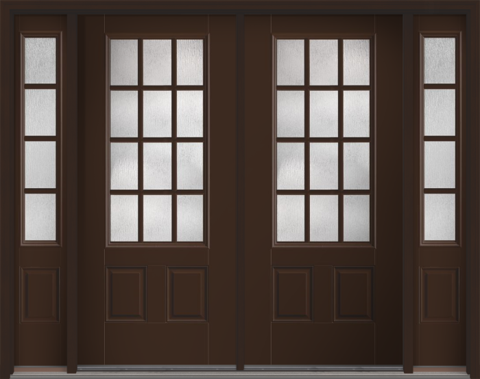 80" Rainglass Colonial 12 Lite SDL Smooth 3/4 Lite 2 Panel Fiberglass Double Door, Sidelites