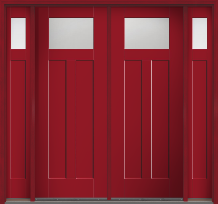96" Low-E Craftsman Top View 2 Panel Shaker Smooth Flush-Glazed Fiberglass Double Door, Sidelites