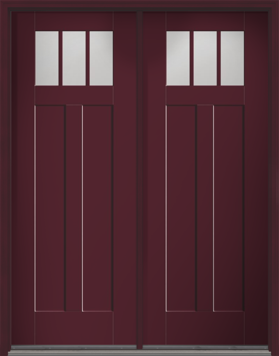 96" Low-E Craftsman 3 Lite 2 Panel Shaker SDL Flat 1-1/8" Smooth Flush-Glazed Fiberglass Double Door