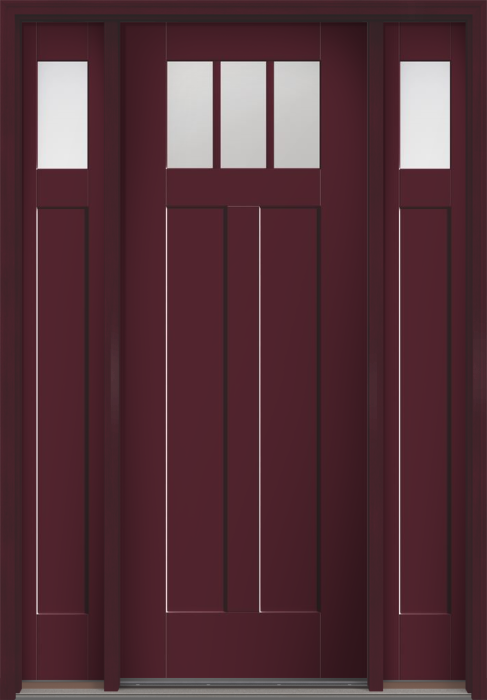 96" Low-E Craftsman 3 Lite 2 Panel Shaker SDL Flat 1-1/8" Smooth Flush-Glazed Fiberglass Single Door, Sidelites