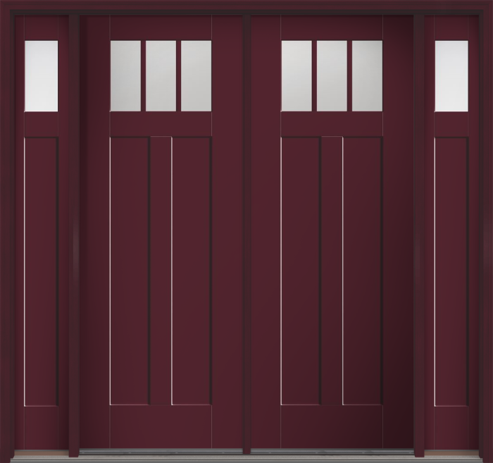 96" Low-E Craftsman 3 Lite 2 Panel Shaker SDL Flat 1-1/8" Smooth Flush-Glazed Fiberglass Double Door, Sidelites