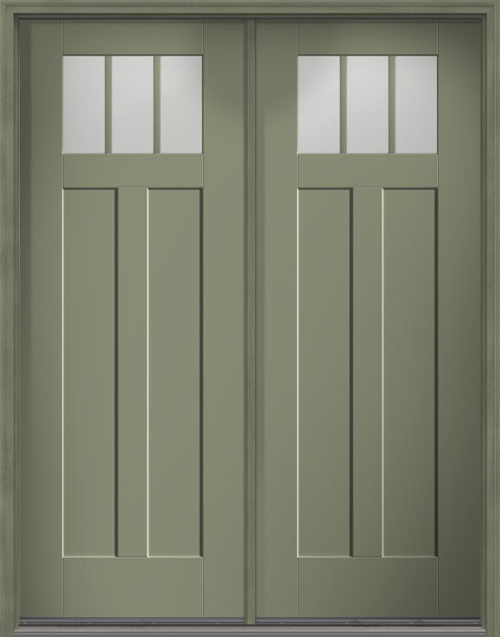 96" Satin Etch Craftsman 3 Lite 2 Panel Shaker SDL Flat 1-1/8" Smooth Flush-Glazed Fiberglass Double Door