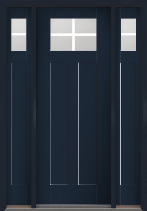 96" Low-E Craftsman 4 Lite 2 Panel Shaker SDL Flat 1-1/8" Smooth Flush-Glazed Fiberglass Single Door, Sidelites