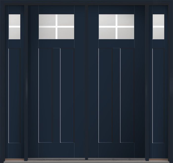 96" Low-E Craftsman 4 Lite 2 Panel Shaker SDL Flat 1-1/8" Smooth Flush-Glazed Fiberglass Double Door, Sidelites