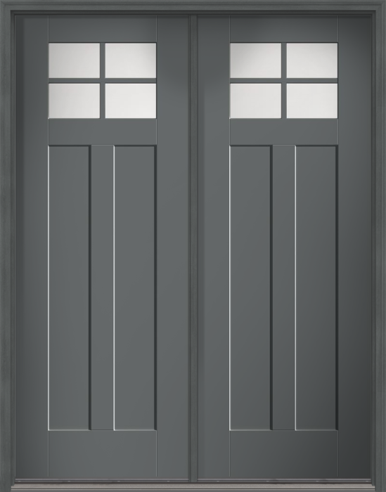 96" Satin Etch Craftsman 4 Lite 2 Panel Shaker SDL Flat 1-1/8" Smooth Flush-Glazed Fiberglass Double Door