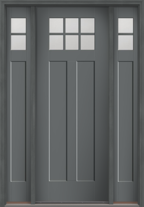 96" Low-E Craftsman 6 Lite 2 Panel Shaker SDL Flat 1-1/8" Smooth Flush-Glazed Fiberglass Single Door, Sidelites