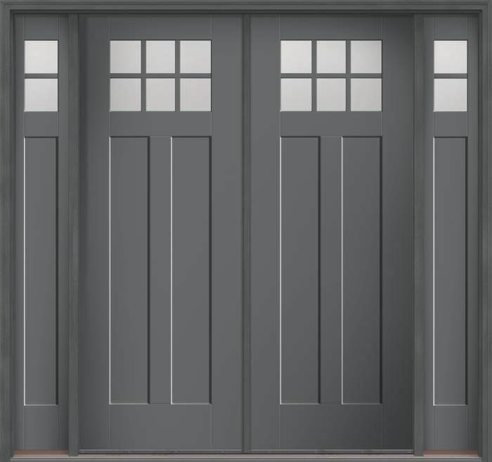 96" Low-E Craftsman 6 Lite 2 Panel Shaker SDL Flat 1-1/8" Smooth Flush-Glazed Fiberglass Double Door, Sidelites