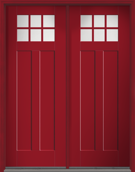 96" Satin Etch Craftsman 6 Lite 2 Panel Shaker SDL Flat 1-1/8" Smooth Flush-Glazed Fiberglass Double Door