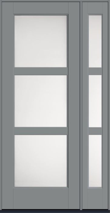 96" Satin Etch Contemporary 3 Lite SDL Flat 3-1/2" Smooth Full Lite Flush-Glazed Fiberglass Single Door, Sidelite