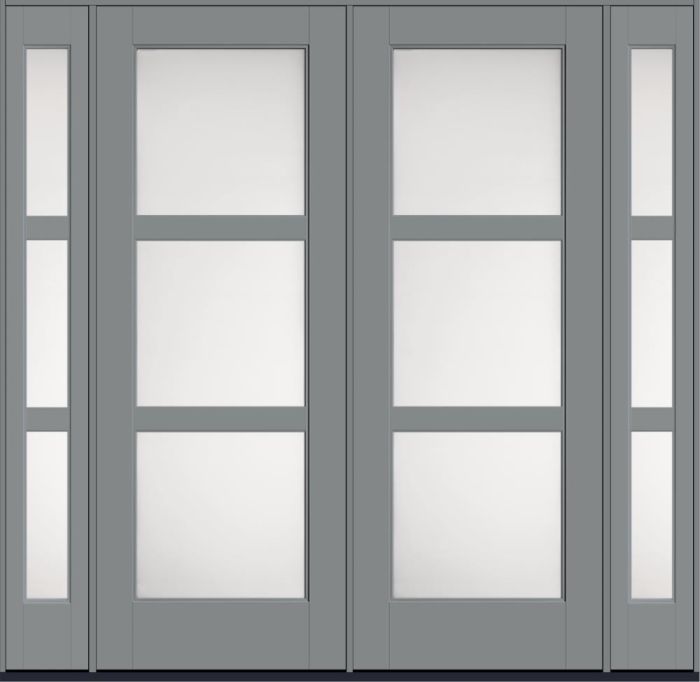 96" Satin Etch Contemporary 3 Lite SDL Flat 3-1/2" Smooth Full Lite Flush-Glazed Fiberglass Double Door, Sidelites