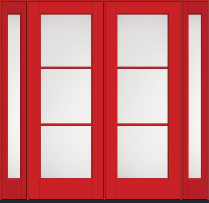 96" Satin Etch Colonial 3 Lite SDL Flat 1-1/8" Smooth Full Lite Flush-Glazed Fiberglass Double Door, Sidelites
