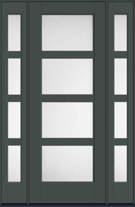 96" Satin Etch Contemporary 4 Lite SDL Flat 3-1/2" Smooth Full Lite Flush-Glazed Fiberglass Single Door, Sidelites