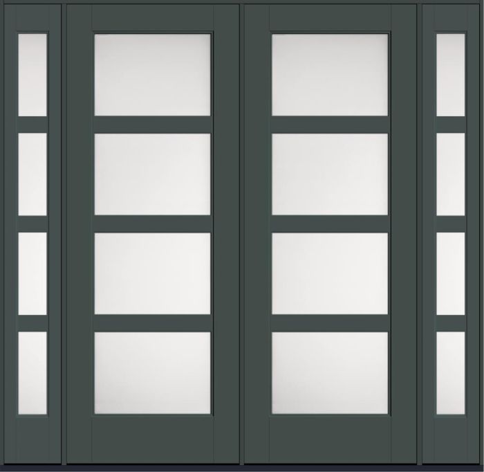 96" Satin Etch Contemporary 4 Lite SDL Flat 3-1/2" Smooth Full Lite Flush-Glazed Fiberglass Double Door, Sidelites