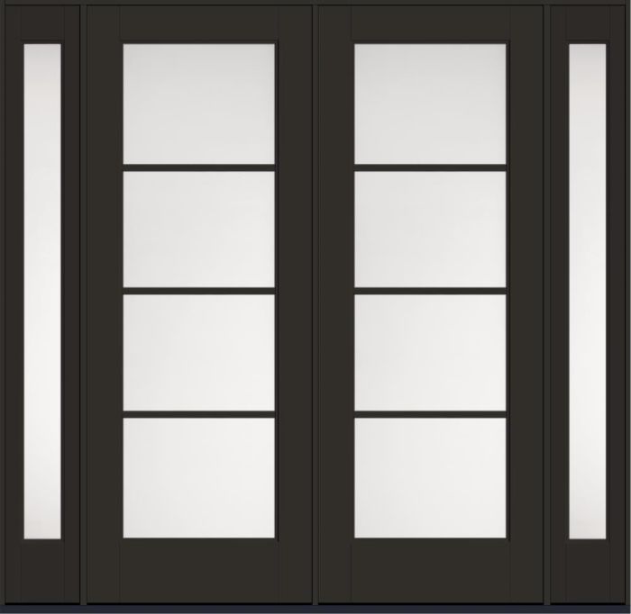 96" Satin Etch Colonial 4 Lite SDL Flat 1-1/8" Smooth Full Lite Flush-Glazed Fiberglass Double Door, Sidelites