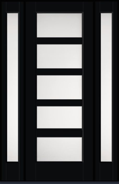 96" Satin Etch Contemporary 5 Lite SDL Flat 3-1/2" Smooth Full Lite Flush-Glazed Fiberglass Single Door, Sidelites