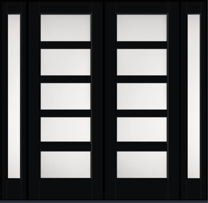 96" Satin Etch Contemporary 5 Lite SDL Flat 3-1/2" Smooth Full Lite Flush-Glazed Fiberglass Double Door, Sidelites