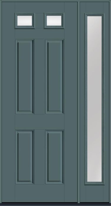 96" Low-E Top View 2 Lite 4 Panel Smooth Fiberglass Single Door, Full Sidelite