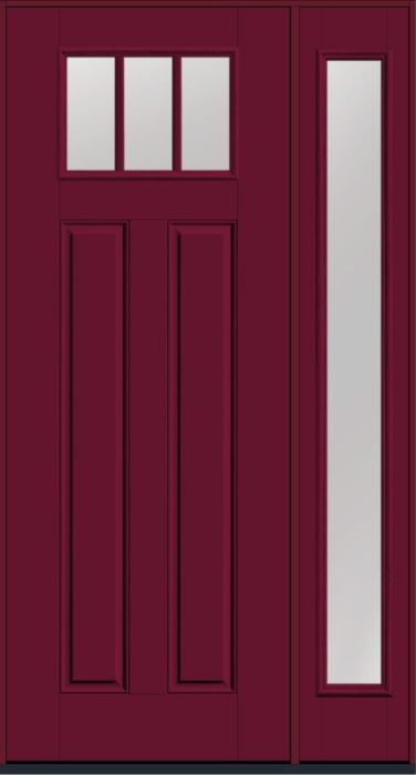 96" Low-E Craftsman Top View 3 Lite 2 Panel SDL Smooth Fiberglass Single Door, Full Sidelite