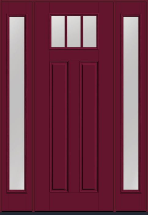 96" Low-E Craftsman Top View 3 Lite 2 Panel SDL Smooth Fiberglass Single Door, Full Sidelites