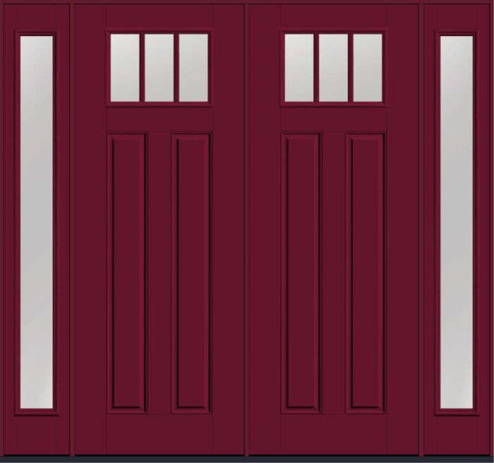 96" Low-E Craftsman Top View 3 Lite 2 Panel SDL Smooth Fiberglass Double Door, Full Sidelites