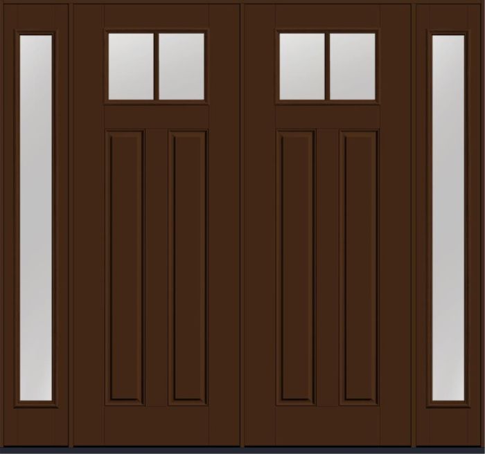 96" Low-E Craftsman Top View 2 Lite 2 Panel SDL Smooth Fiberglass Double Door, Full Sidelites