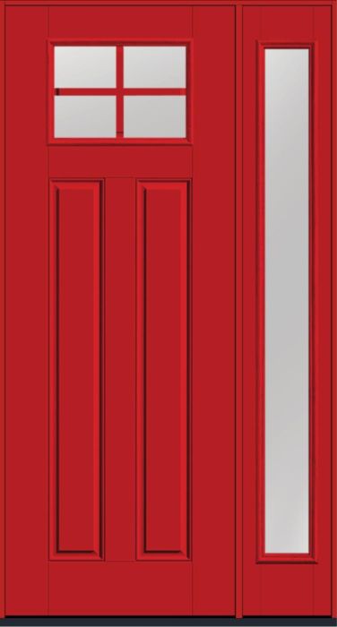 96" Low-E Craftsman Top View 4 Lite 2 Panel SDL Smooth Fiberglass Single Door, Full Sidelite