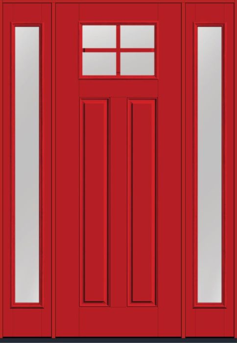 96" Low-E Craftsman Top View 4 Lite 2 Panel SDL Smooth Fiberglass Single Door, Full Sidelites