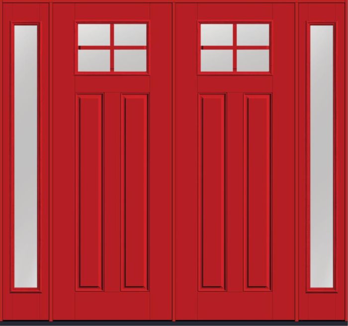 96" Low-E Craftsman Top View 4 Lite 2 Panel SDL Smooth Fiberglass Double Door, Full Sidelites