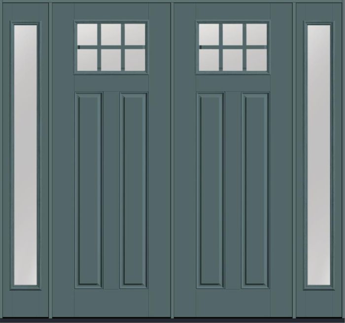 96" Low-E Craftsman Top View 6 Lite 2 Panel SDL Smooth Fiberglass Double Door, Full Sidelites