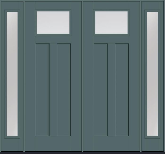 96" Low-E Craftsman Top View 2 Panel Shaker Smooth Fiberglass Double Door, Full Sidelites