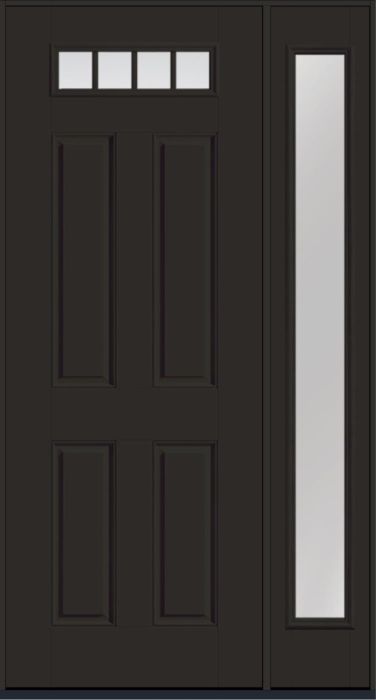 96" Clear Top View 4 Lite 4 Panel Fixed Grilles Smooth Fiberglass Single Door, Full Sidelite
