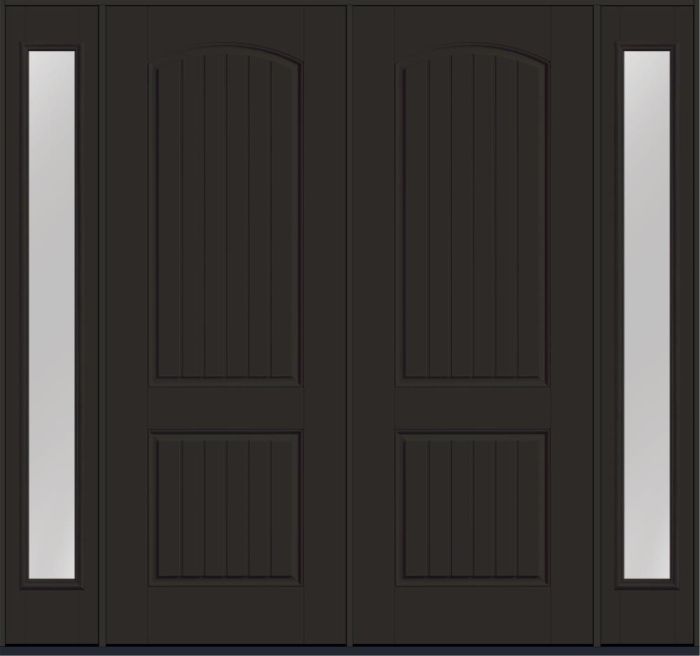 96" 2 Panel Plank Soft Arch Smooth Fiberglass Double Door, Full Sidelites