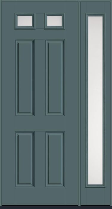 96" Satin Etch Top View 2 Lite 4 Panel Smooth Fiberglass Single Door, Full Sidelite