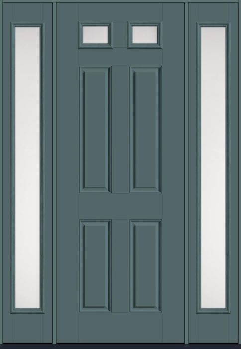 96" Satin Etch Top View 2 Lite 4 Panel Smooth Fiberglass Single Door, Full Sidelites