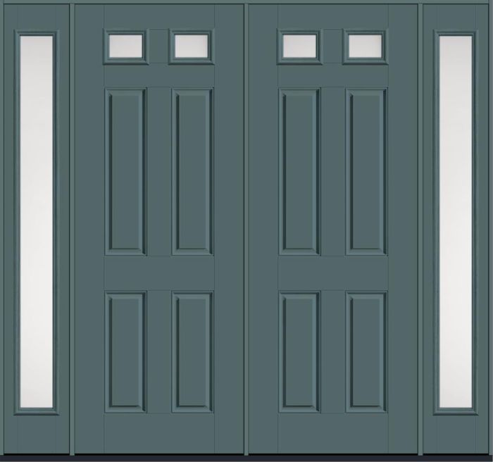 96" Satin Etch Top View 2 Lite 4 Panel Smooth Fiberglass Double Door, Full Sidelites