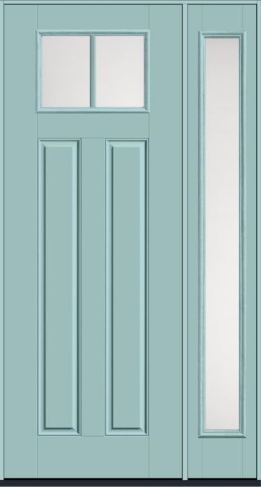 96" Satin Etch Craftsman Top View 2 Lite 2 Panel SDL Smooth Fiberglass Single Door, Full Sidelite
