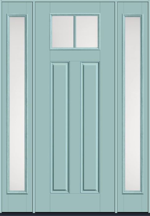 96" Satin Etch Craftsman Top View 2 Lite 2 Panel SDL Smooth Fiberglass Single Door, Full Sidelites
