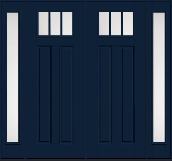 96" Satin Etch Craftsman Top View 3 Lite 2 Panel SDL Smooth Fiberglass Double Door, Full Sidelites