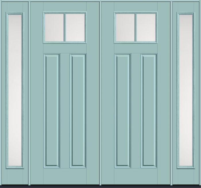 96" Satin Etch Craftsman Top View 2 Lite 2 Panel SDL Smooth Fiberglass Double Door, Full Sidelites