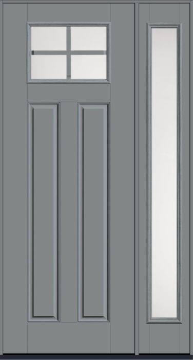 96" Satin Etch Craftsman Top View 4 Lite 2 Panel SDL Smooth Fiberglass Single Door, Full Sidelite