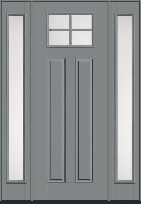96" Satin Etch Craftsman Top View 4 Lite 2 Panel SDL Smooth Fiberglass Single Door, Full Sidelites
