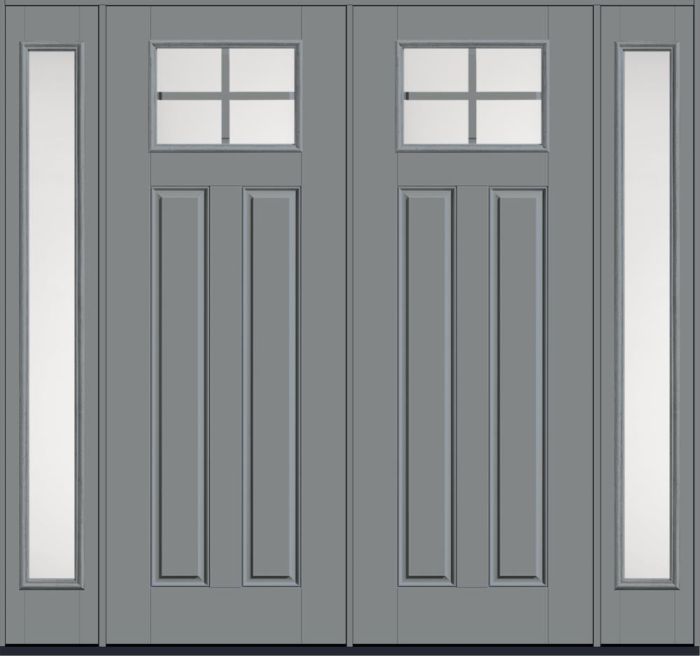 96" Satin Etch Craftsman Top View 4 Lite 2 Panel SDL Smooth Fiberglass Double Door, Full Sidelites