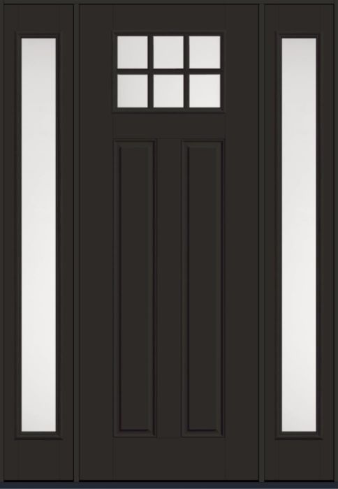 96" Satin Etch Craftsman Top View 6 Lite 2 Panel SDL Smooth Fiberglass Single Door, Full Sidelites
