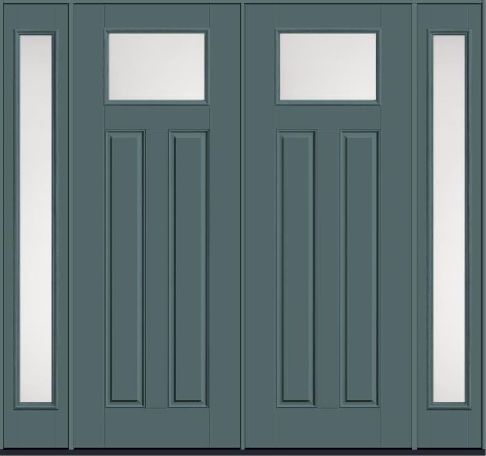 96" Satin Etch Craftsman Top View 2 Panel Smooth Fiberglass Double Door, Full Sidelites