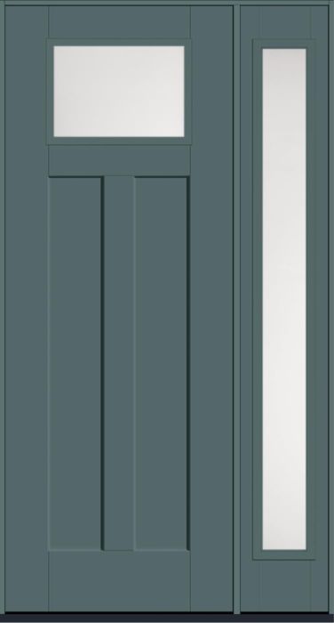 96" Satin Etch Craftsman Top View 2 Panel Shaker Smooth Fiberglass Single Door, Full Sidelite